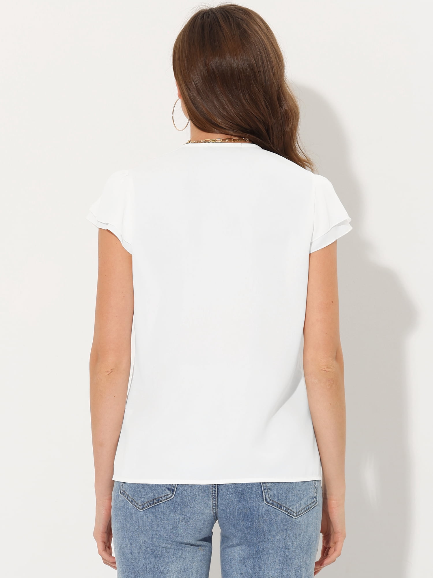Unique Bargains Women's Summer Office Tops V-Neck Solid Color Chiffon Blouse M White