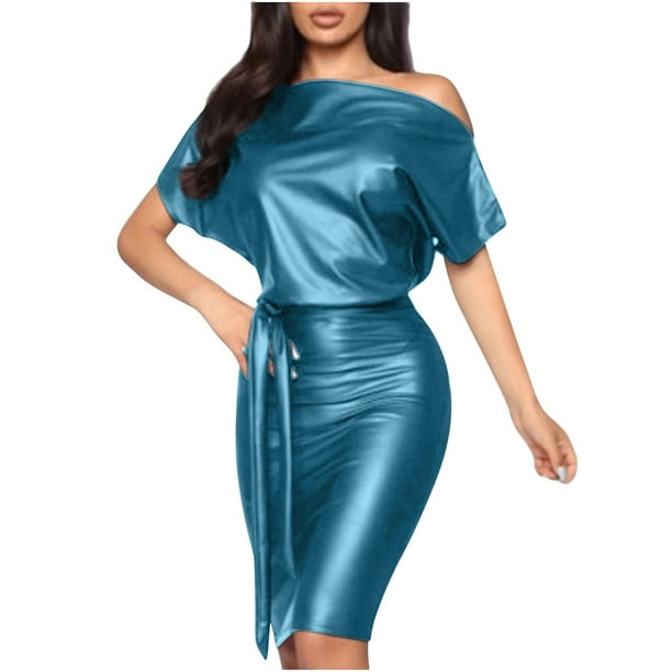 matoen Women's Fashion Faux Leather Dress Inclined Collar Solid Color Short  Sleeves Buttock Dress Tummy Control Lace-up Dress 