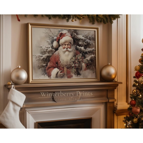 Vintage Santa Painting: Christmas Wall Art Print, 12x18 UNFRAMED