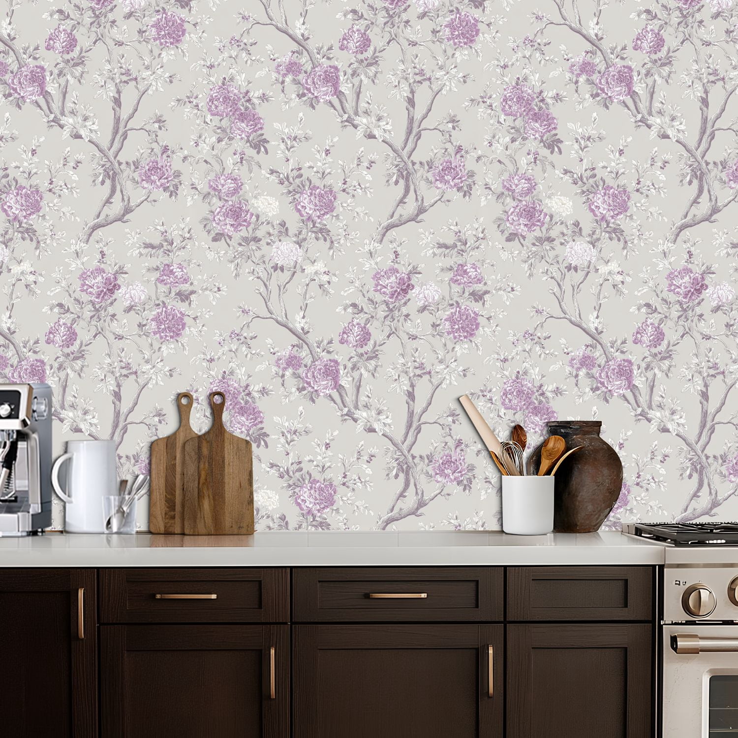 Peel and Stick Wallpaper Vintage Floral Lavender White Peonies Light Gray Wall Mural 17.7in x 9.8ft Self Adhesive Removable Wall Paper Renter Friendly Wallpaper for Girls Women Bedroom Livingroom