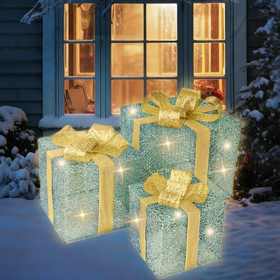 Gqtwoy Christmas Lighted Boxes Set of 3, LED Light Up Decor, Outdoor Christmas Decorations, Metal Gift Box for Holiday Decor, Waterproof Illuminated Present for Home and Yard