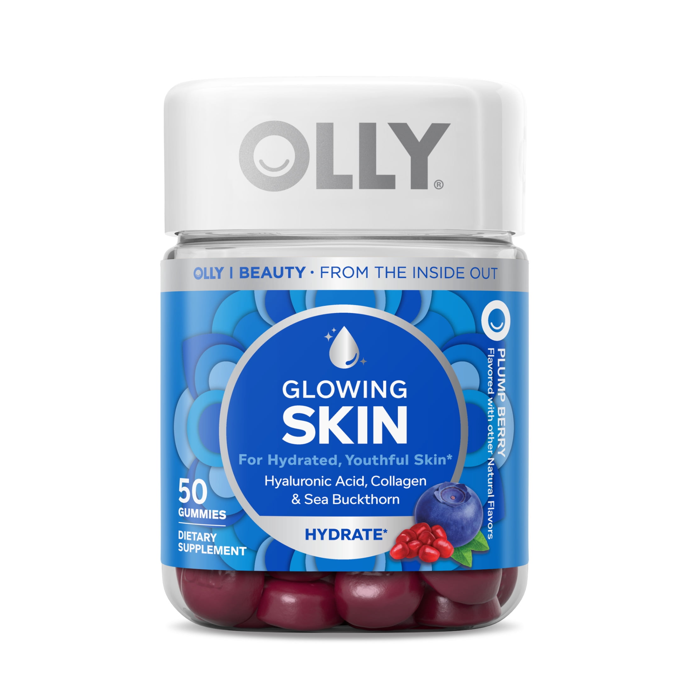 OLLY Glowing Skin Gummies, Hyaluronic Acid, Collagen Peptides, Sea Buckthorn, Plump Berry Flavor, 50 Count