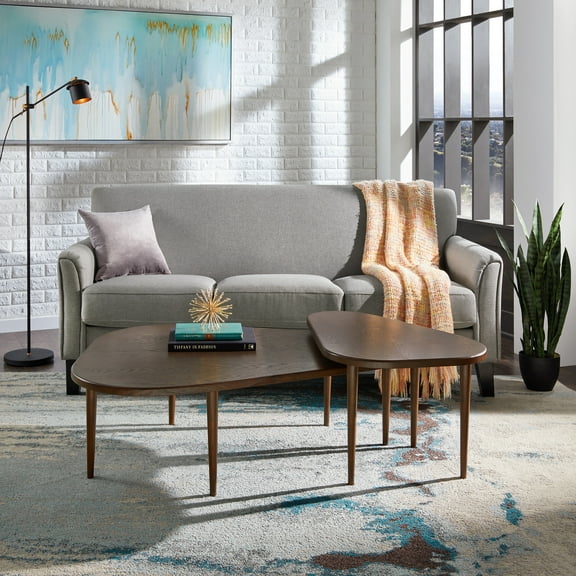 Weston Home Brno Mid-Century Modern Wood Teardrop 3 Legs Nesting Coffee Tables, Walnut
