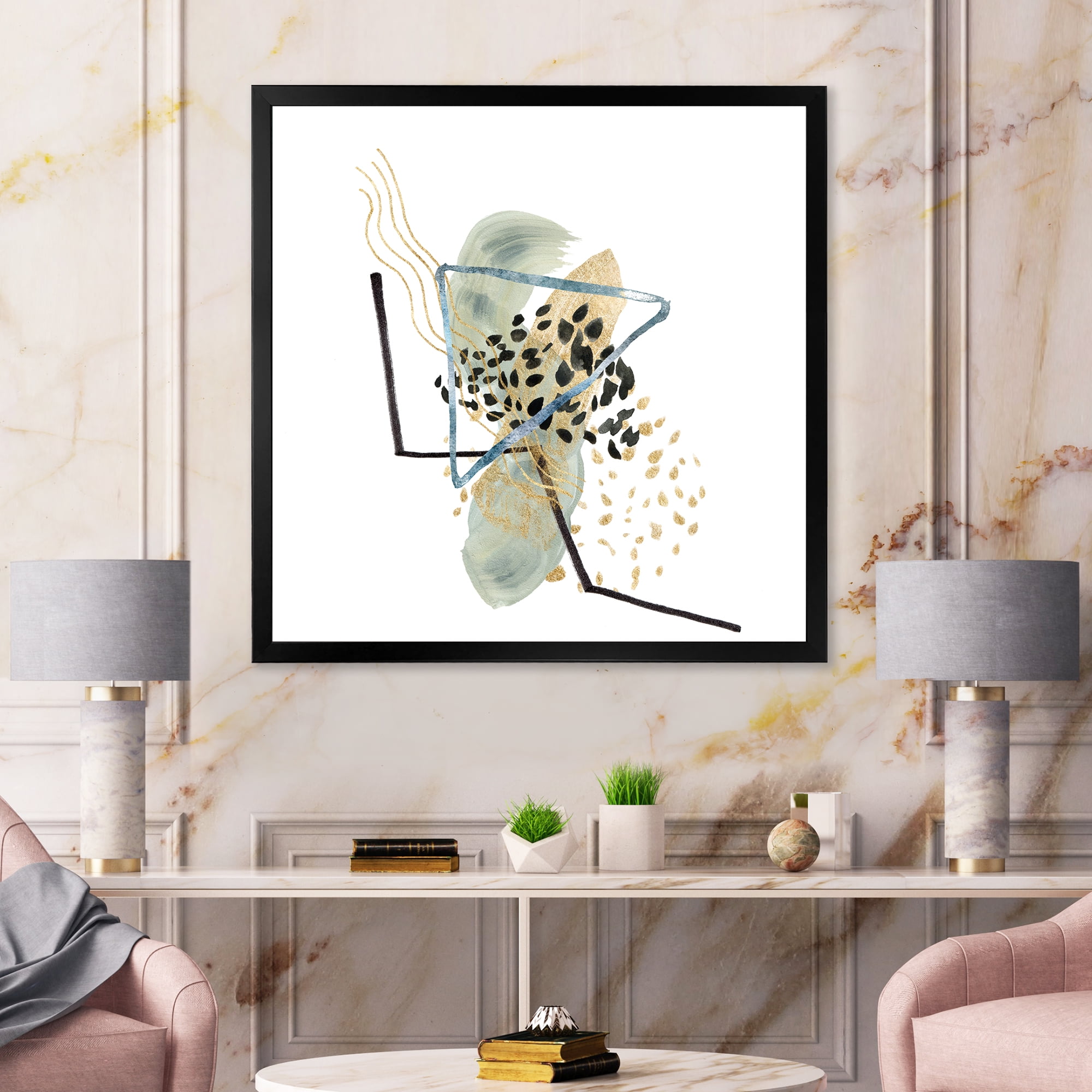Designart 'Minimalistic Golden Polka Dots and Ink Mountains' Modern Framed Art Print