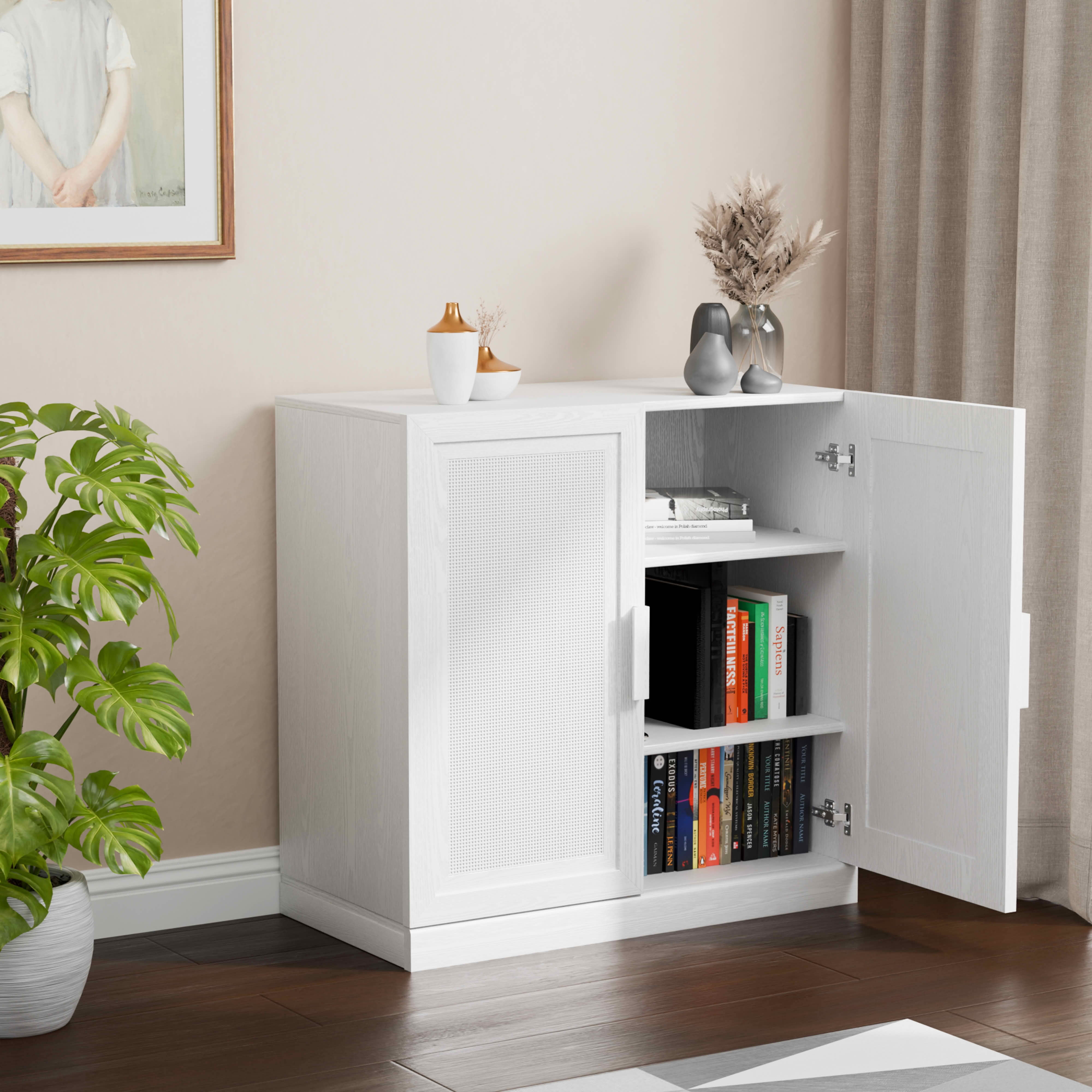 MAYEERTY 31x31x16 Inch White Wood Grain Storage Cabinet with Rattan Door for Living Room