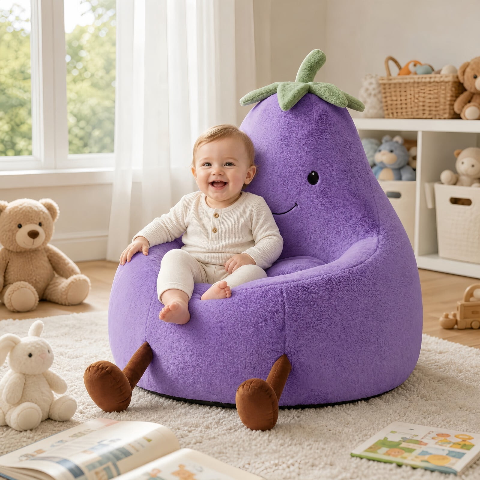Kelno 24" Kids Bean Bag Chair Faux Rabbit Fur Lazy Chair Toddler Couch, Purple