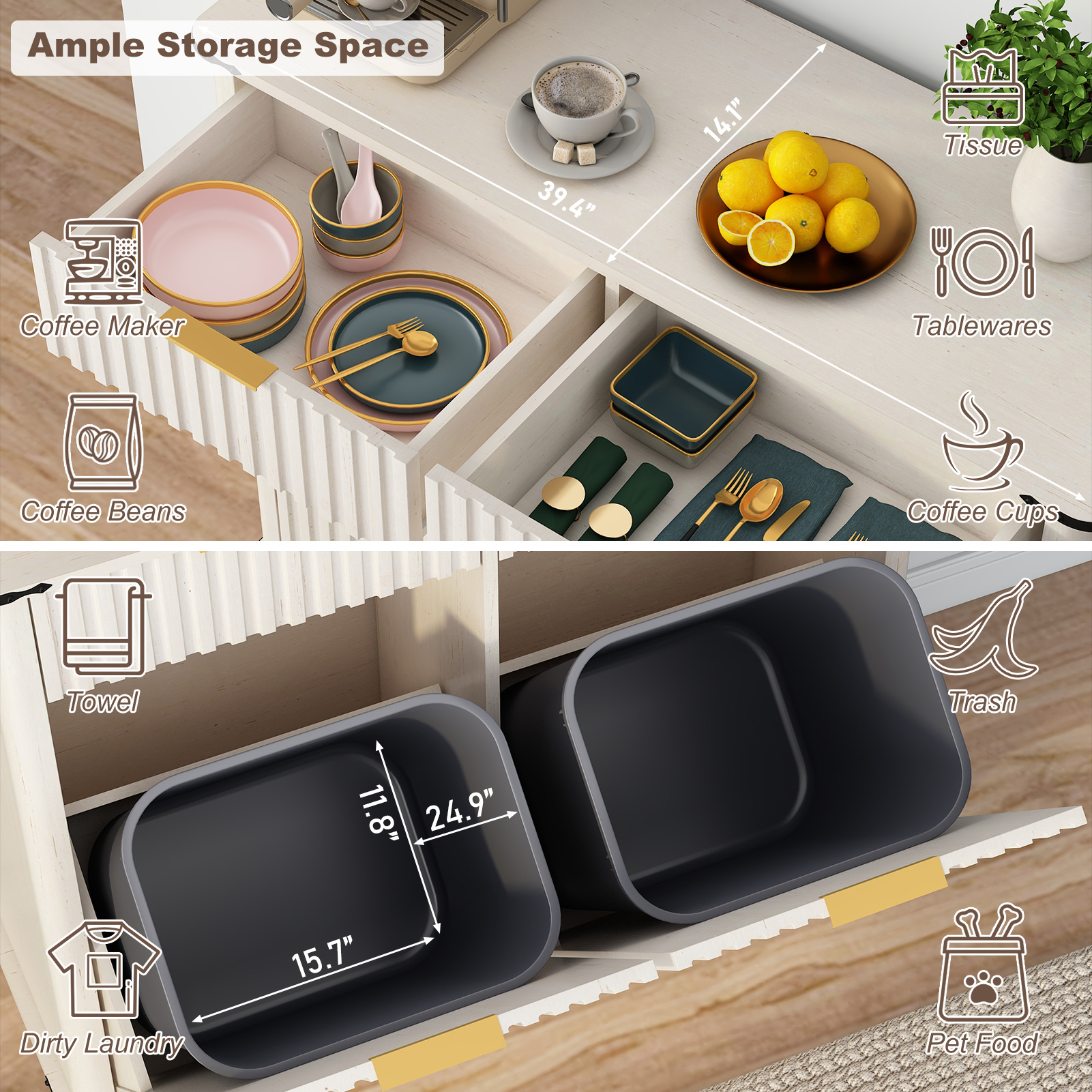 Blotout 20 Gallon Double Tilt-Out Trash Cabinet,Fluted Laundry Hamper Cabinet with 2 Drawers & Charging Station,Hidden Wooden Garbage Can Cabinet for Kitchen & Living Room