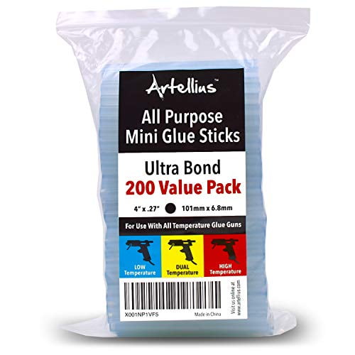 Artellius Mini Hot Glue Gun Sticks, Huge Bulk Pack of 200, 4' and 0.27 Diameter