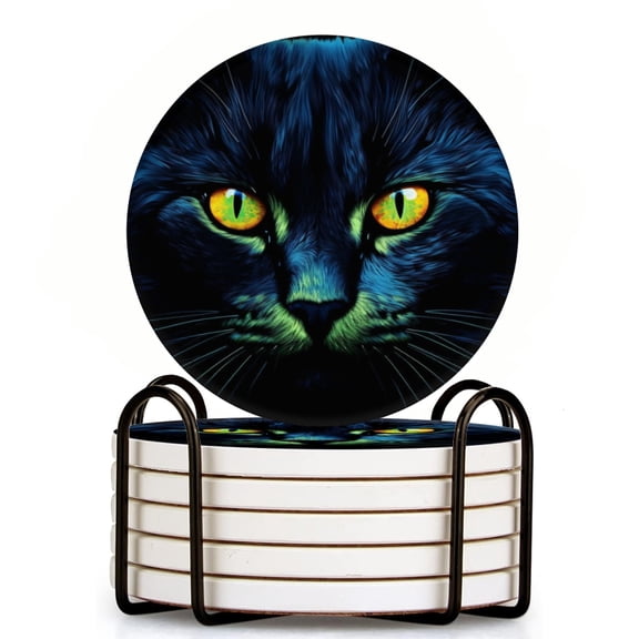 Black Cat With Glowing Eyes In The Dark Set of 6 Ceramic Coasters with Holder, Absorbent Drink Bar Coasters, Table Coasters for Living Room Decor Tabletop Protection