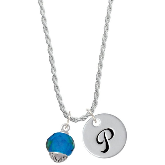 Delight Jewelry 12mm Faceted Teal Glass Spinner Silvertone Script Initial Disc - P - Charm Necklace, 20" 3"