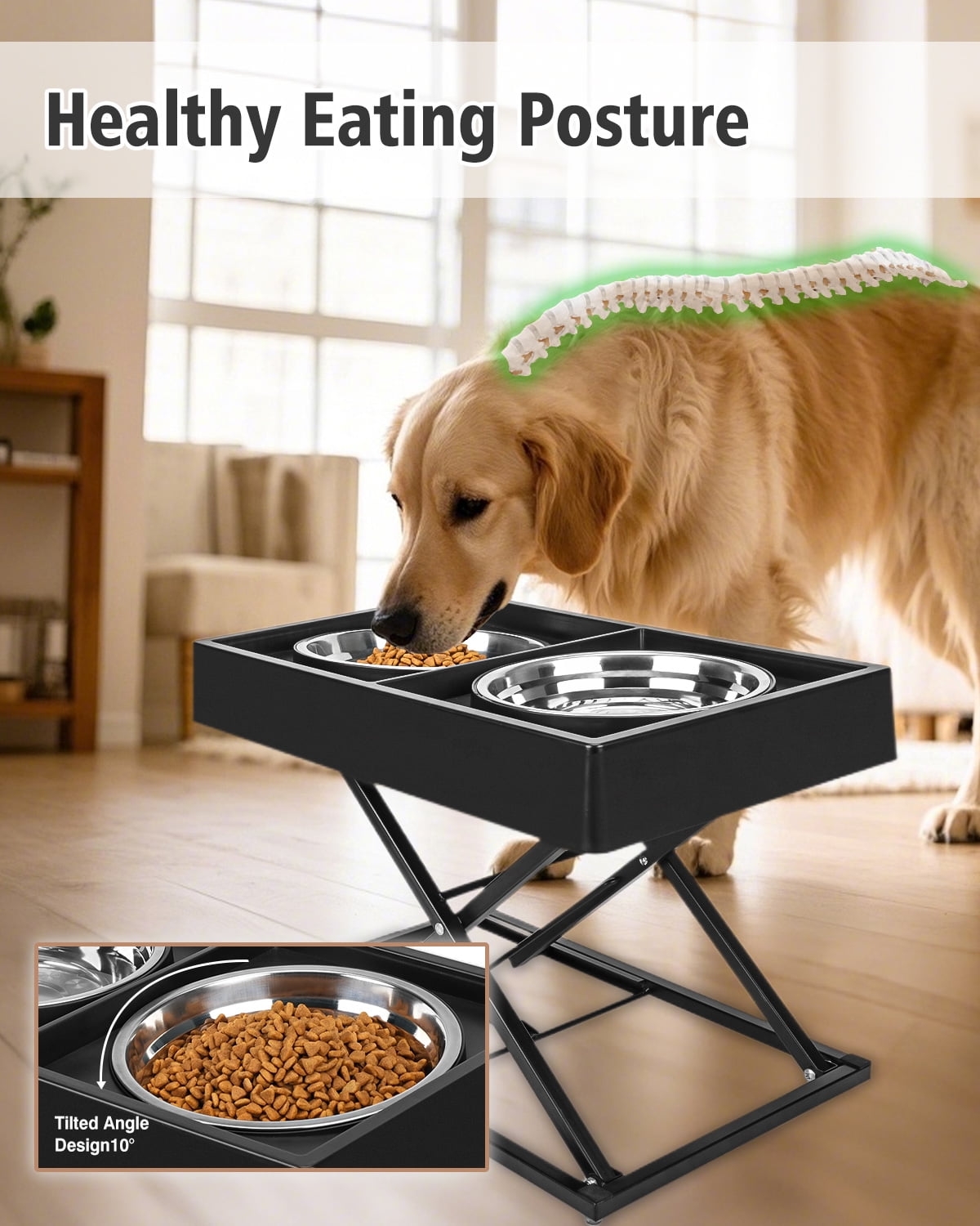 Joytale Elevated Dog Bowls Stand with 2 Stainless Steel Bowls (6 Cup/1.45L) - 8 Adjustable Heights for Medium/Large Dogs - Anti-Slip Heavy Duty Base