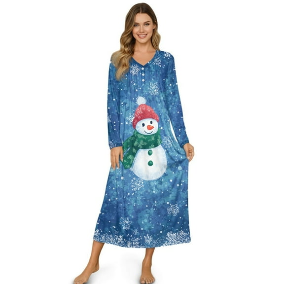 Tutolipy Christmas Nightgowns for Women Snowman Snowflake Printed Sleepwear Full Length Loungewear V Neck Night Dress for Home, XL