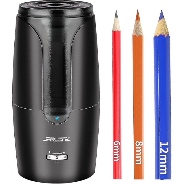 Electric Auto-Stop Rechargeable Pencil Sharpener for 6-12mm Pencils, Portable School Classroom Use, Black