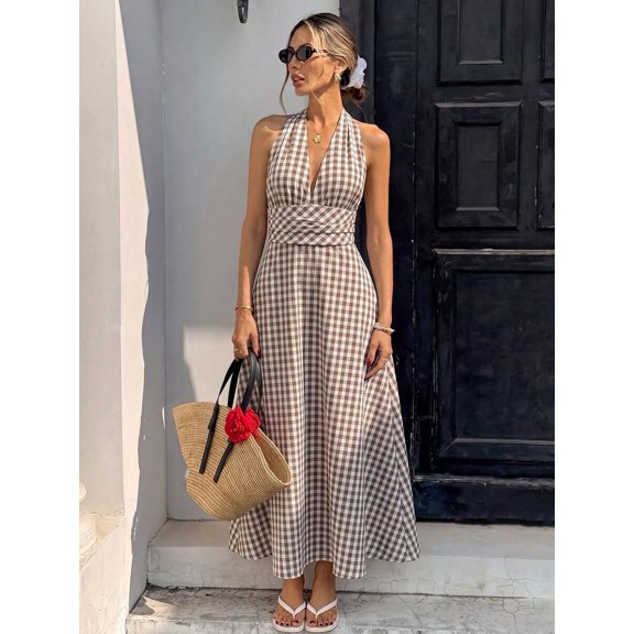 Womens Brown Plaid Halter Maxi Dress, Sleeveless Wrap V-Neck Summer