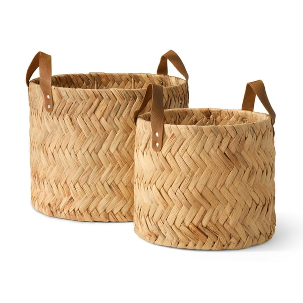 MoDRN Naturals Water Hyacinth Herringbone Basket with Leather Handles