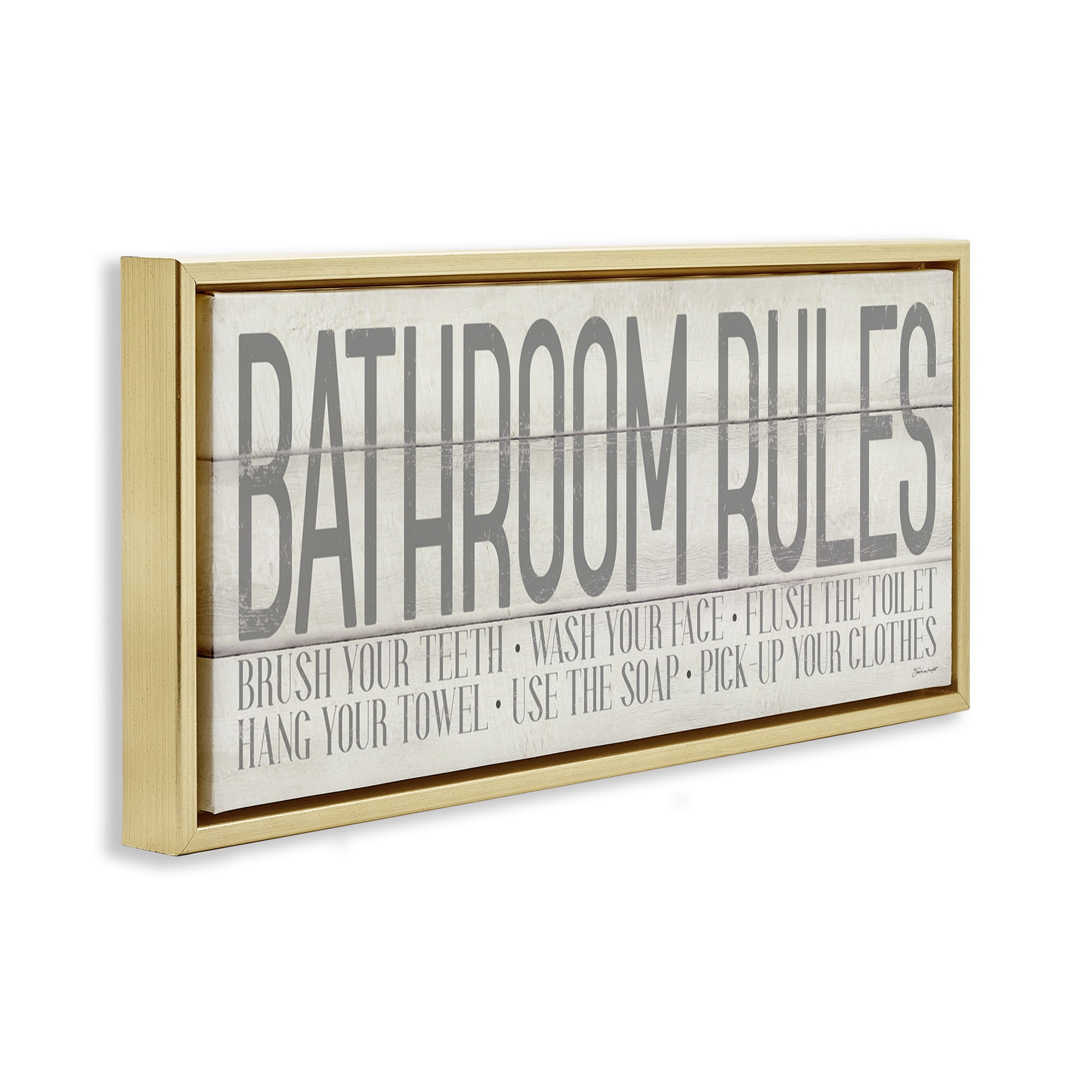 Stupell Industries Planked Style Bathroom Rules Abstract Painting Gold Floater Framed Canvas Art Print Wall Art, 25 x 11