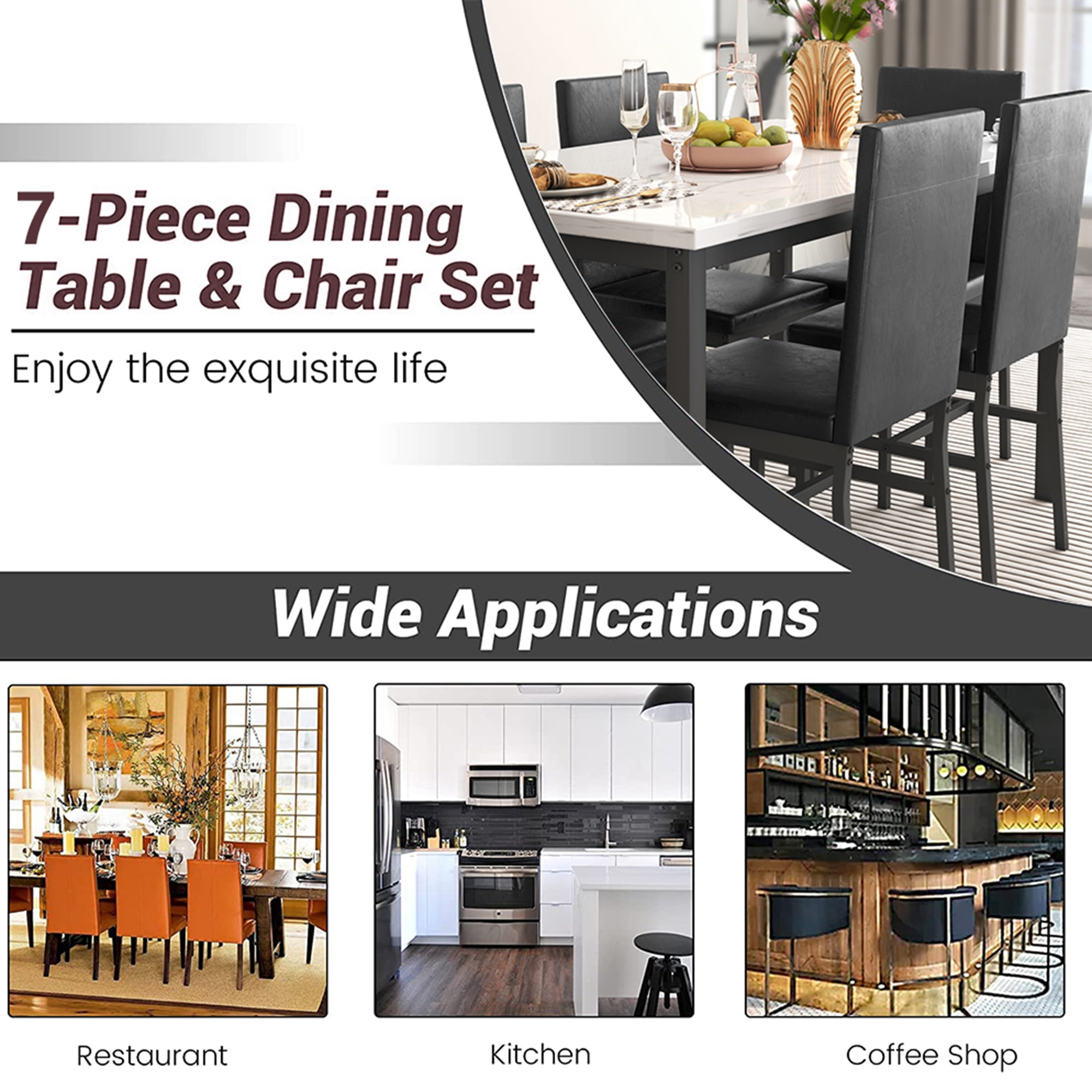 7 Piece Kitchen Dining Table & Chair Set, Dining Room Table Set with Faux Marble Tabletop PU Leather Padded Chairs, Rectangle Dining Table Set for 6, Dinette Set for Kitchen Dining Room Small Space