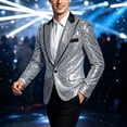 thumbnail image 2 of Nmnitkp Men's Sequin Blazer Jacket Black Contrast Lapel Single‑Button Long Sleeve Suit Coat for Party Stage Show Holiday Nightclub Special Event Wear Silver,S, 2 of 7