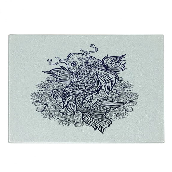 Koi Fish Cutting Board, Koi Carp Fish Hand-drawn in Dark Blue with a Lotus Flower Mandala Print, Decorative Tempered Glass Cutting and Serving Board, in 3 Sizes, by Ambesonne