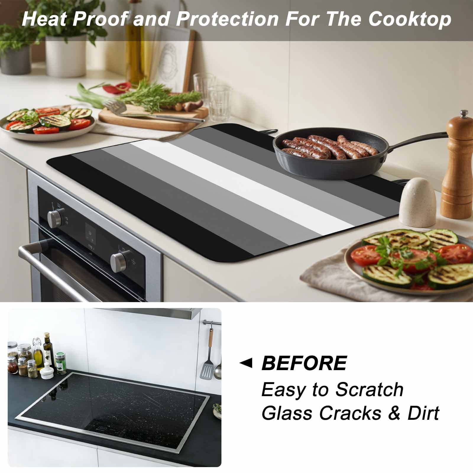 Black White Ombre Stove Top Cover for Electric Stove, Heat-proof & Non Slip Glass Top Stove Cover Protector, Gradient Black Woods Farmhouse Kitchen Flat Cooktop Rubber Mat 24x21 Inches