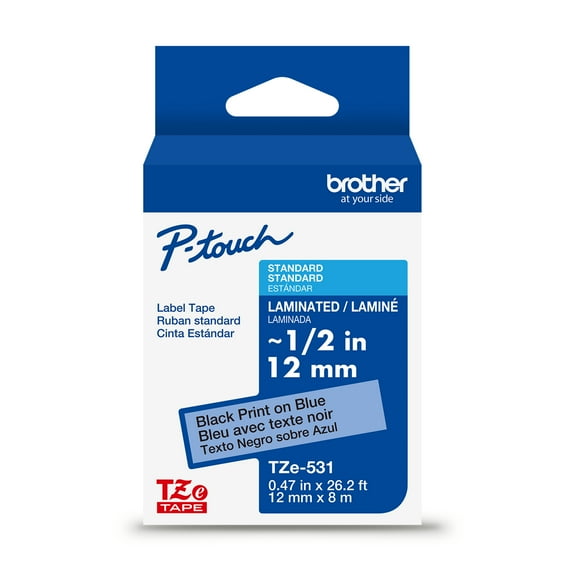 Brother P-touch TZe531 Black Print on Blue Label Tape, 1/2in (12mm) x 26.2ft (8m) Laminated, 1-Piece