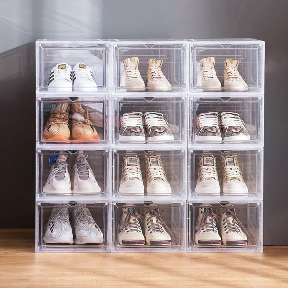 6pcs Clear Plastic Shoe Boxes Storage Sneaker Organizer Shoe Display Case White