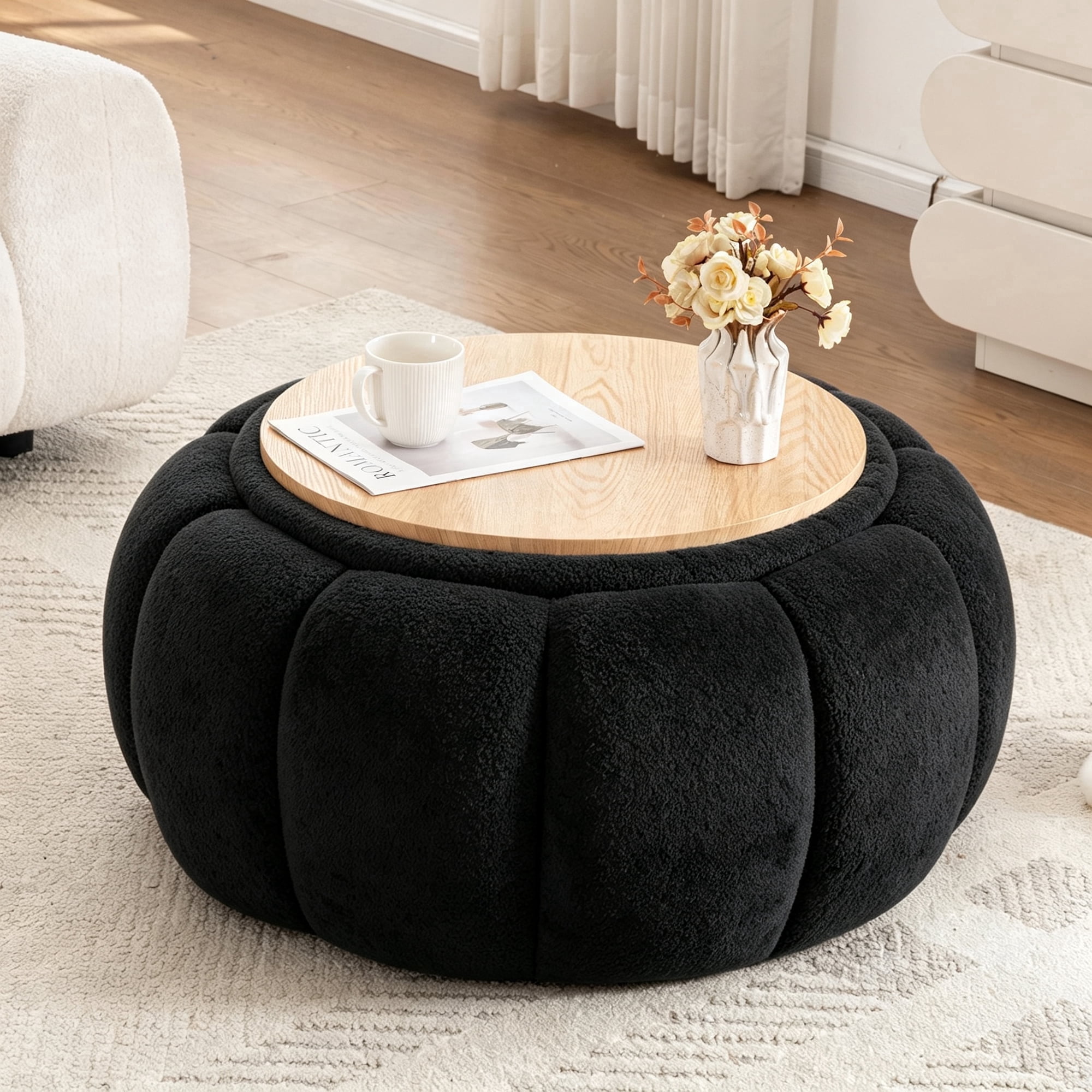 Hobooment 32.3 Round Storage Ottoman with Reversible Wood Top and Seat Black