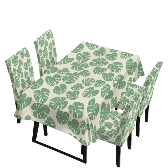 TSOVTHRID Monstera Leaf Print 5 Pcs Tablecloth and Chair Covers Set, Stretchable Washable Table Cover with Chair Slipcovers for Home Hotel Banquet Wedding Party Decor