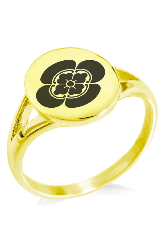 Stainless Steel Ikeda Samurai Crest Minimalist Oval Top Polished Statement Signet Ring