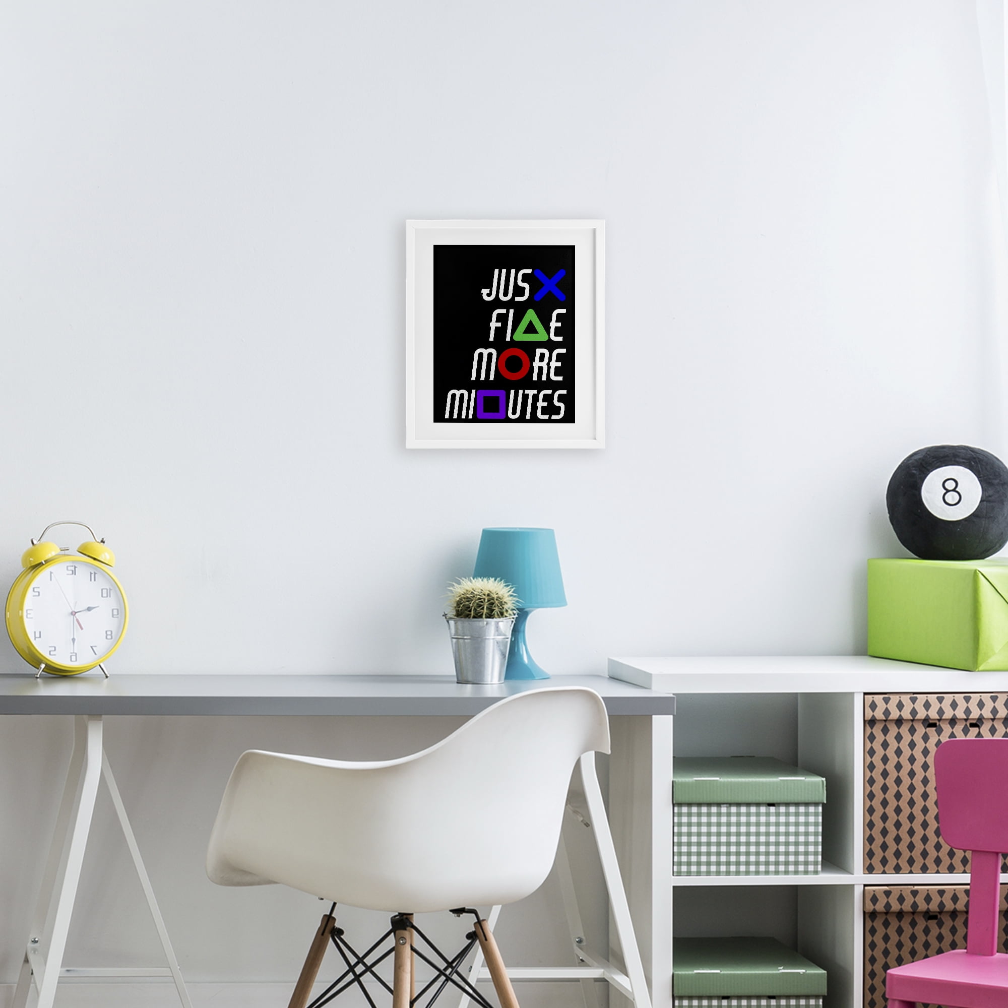 Just Five Minutes Gamer Buttons White Framed Print Under Glass, design by Kim Allen