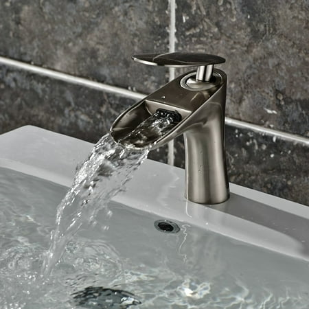 Catalina Brushed Brass Be Brass Single-Hole Single Handle Deck-Mounted Waterfall Bathroom Sink Faucet, Brushed Nickel ()
