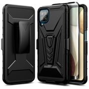 Nagebee Case for Samsung Galaxy A12 with Tempered Glass Screen Protector (Full Coverage), Belt Clip Holster with Built-in Kickstand, Heavy Duty Protective Shockproof Armor Rugged Case (Black)