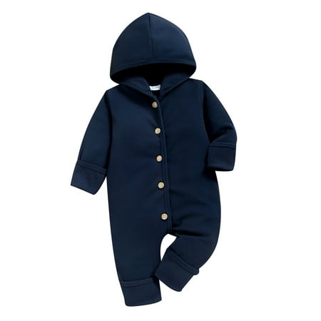 

Jkerther Baby Autumn Winter Jumpsuit Solid Color Long Sleeve Button Hood Romper for Boys Girls