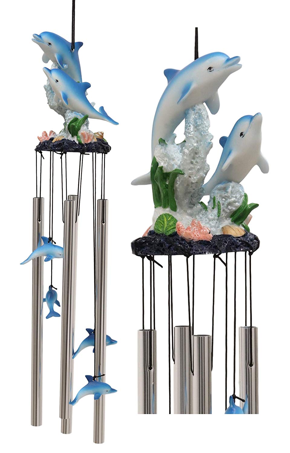Ebros Nautical Marine Dolphin Family Swimming by Coral Reef Wind Chime 21" Long