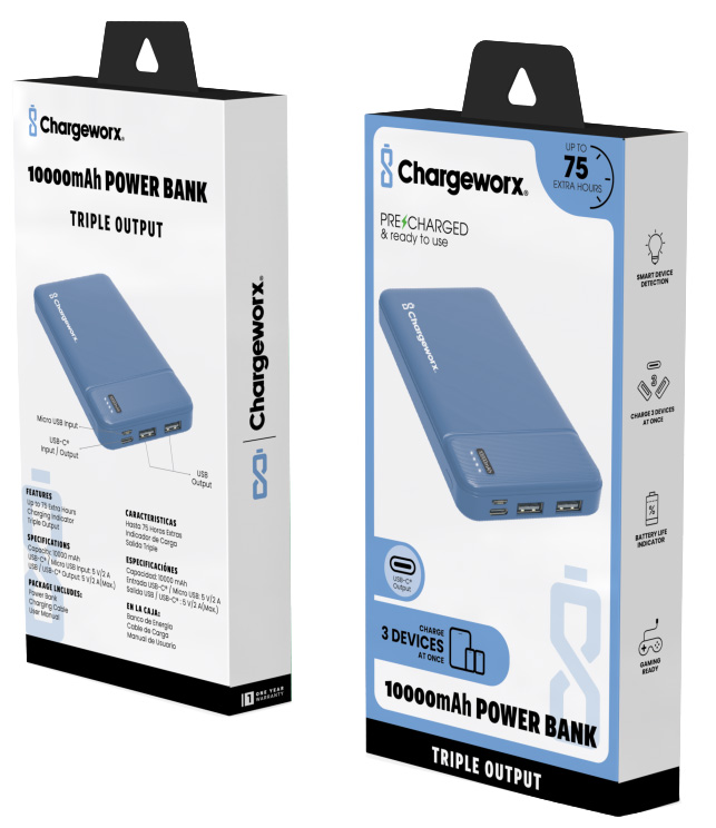 Chargeworx 10000mAh Power Bank – Portable Charger with Triple Output | USB-C, Micro USB & USB Ports | Up to 75 Extra Hours | Compact External Battery Pack for Phones, Tablets & Mor
