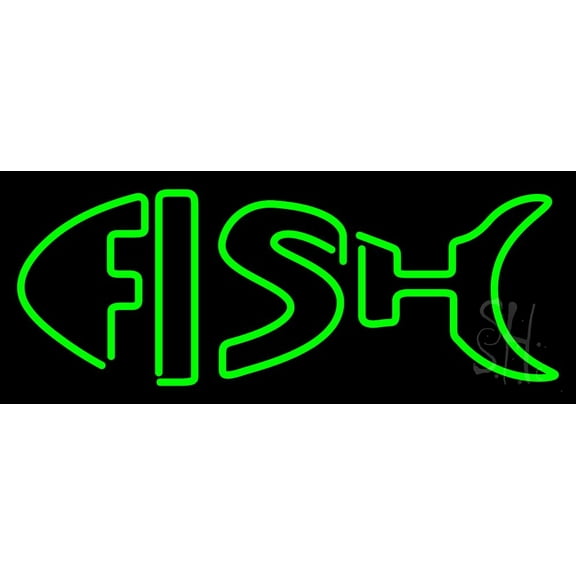 Green Double Stroke Fish LED Neon Sign 13 x 32 - inches, Black Square Cut Acrylic Backing, with Dimmer - Bright and Premium built indoor LED Neon Sign for restaurant window and interior decor.