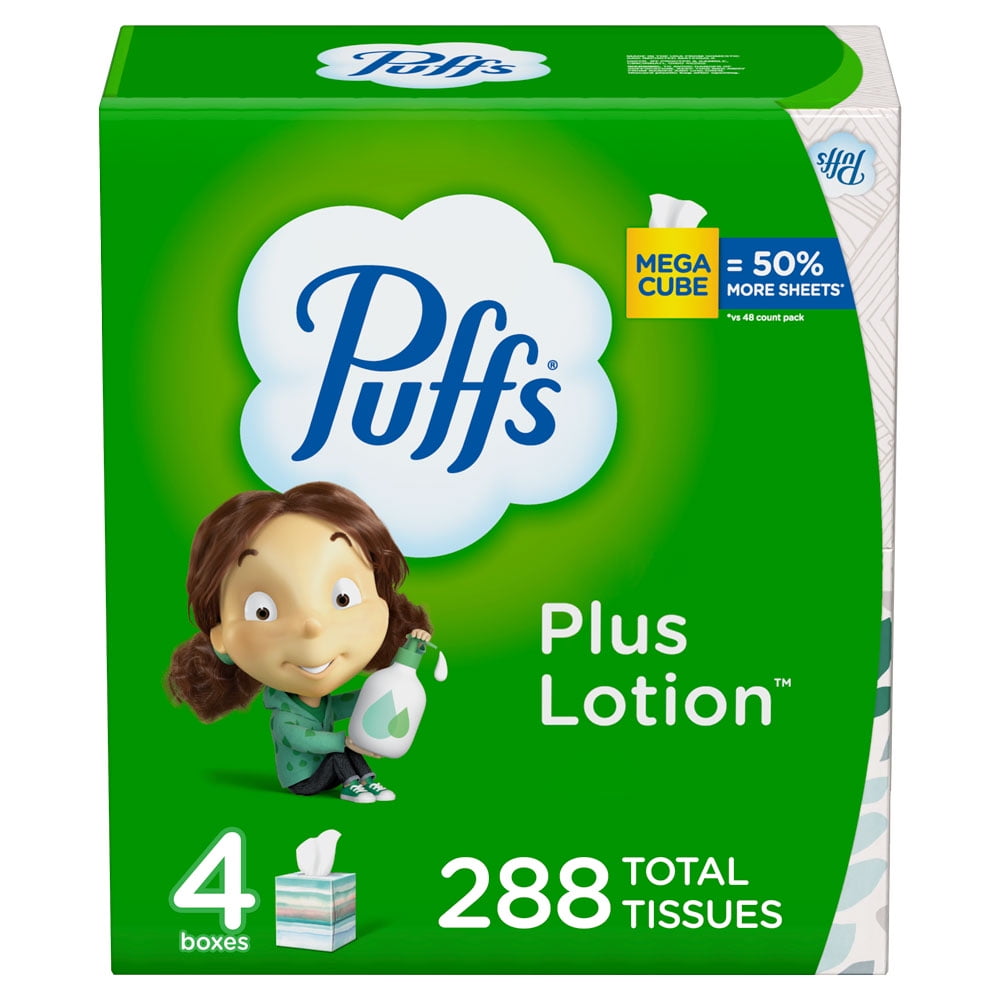 Puffs Plus Lotion Facial Tissue, 4 Mega Cube Boxes, 72 Facial Tissues