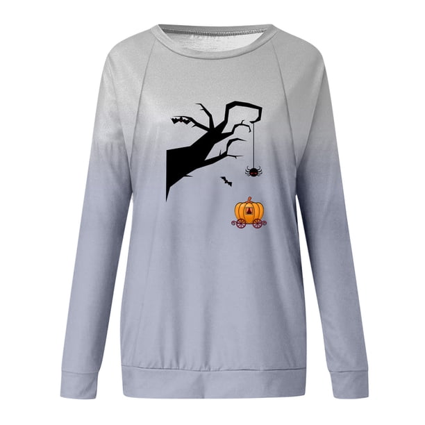 Sudadera de cuello redondo de Color degradado con estampado de araña de árbol divertido de Halloween para mujer Top de manga larga Fridja fjkfkj805