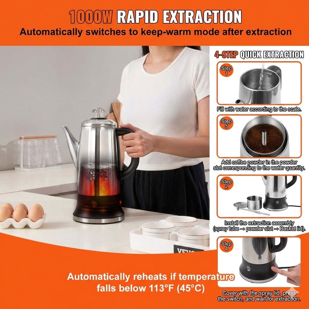 Classic Electric Percolator Coffee Maker, 12-Cup Capacity with Stay-Warm Feature - Stainless Steel, Fast Brewing & Easy-Pour Spout, Silver