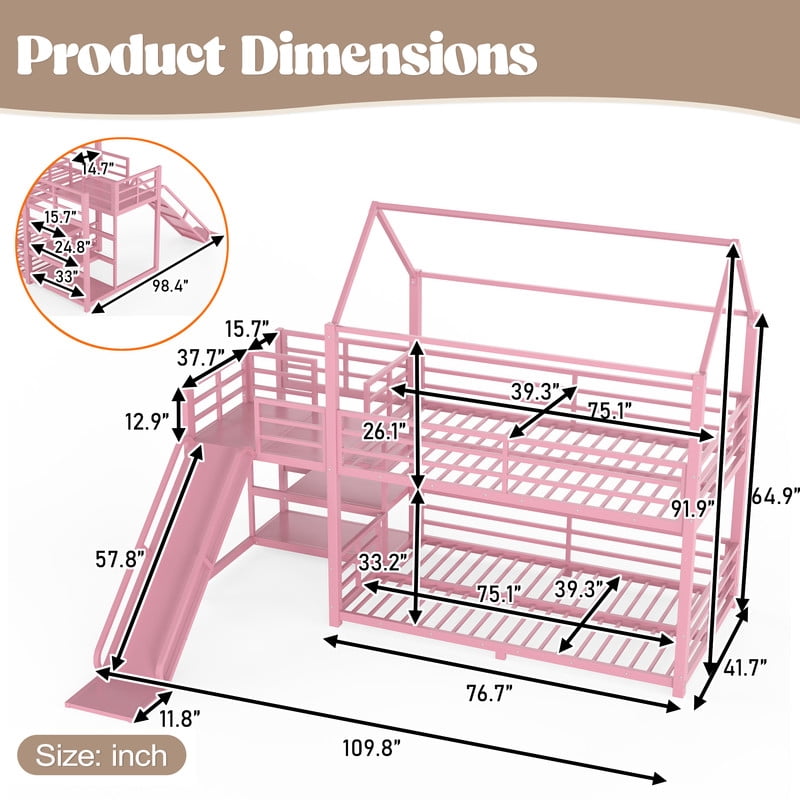 Twin-Over-Twin Metal House-Shaped Bed Frame with Multi-Functional Storage Stairs, Kids Bunk Bed with Slide