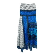 Mogul Womens Sundress Blue White Strapless Smocked Bodice Vintage Silk Sari Long Skirt