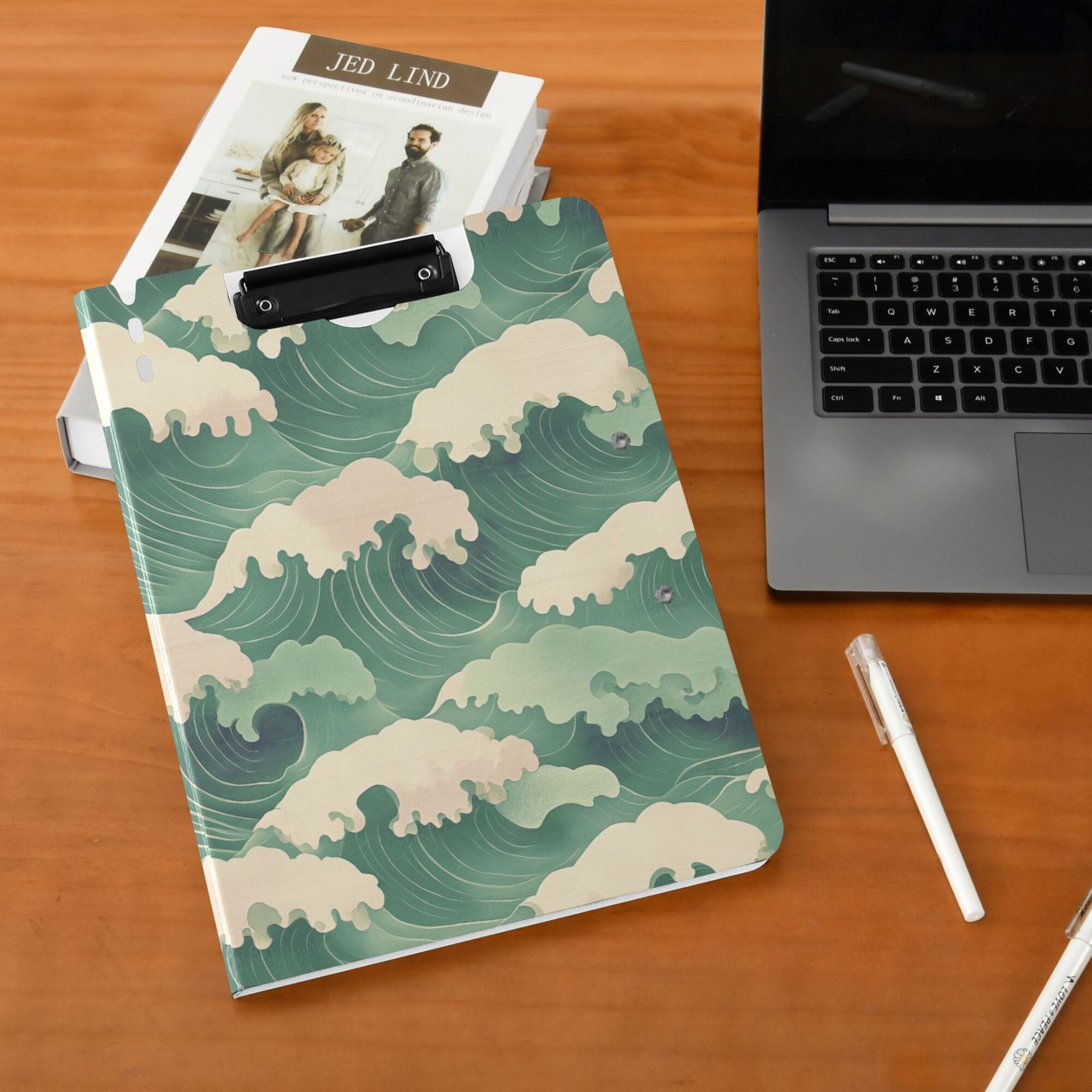 FORMRS A4 Clipboard Folder with Pen Holder Horizontal Foldable School Office Binder, Green Wave Pattern