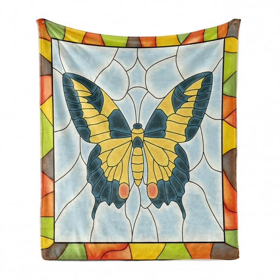 Butterflies Soft Flannel Fleece Throw Blanket, Butterfly in Stained-Glass Window with Frame Wing Spring Garden Illustration, Cozy Plush for Indoor and Outdoor Use, 70" x 90", Multicolor, by Ambesonne