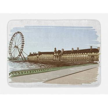 London Bath Mat, Buckingham Palace Historical Building Thames River Ferris Wheel Pencil Drawing Art, Non-Slip Plush Mat Bathroom Kitchen Laundry Room Decor, 29.5 X 17.5 Inches, Multicolor, Ambesonne