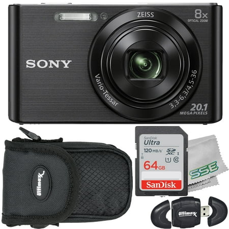Sony DSC-W830 Digital Camera (Black) with Starter Accessory Bundle: SanDisk Ultra 64GB SDXC Memory Card, Water-Resistant Point & Shoot Camera Case & More (9pc Bundle)