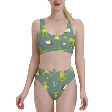 Bixox Cute Yoga Frogs Pattern Two-Piece Sports Bikini with U-Shaped Top and High-Waist Bottom - Women s Swimwear with Removable Bra Pads