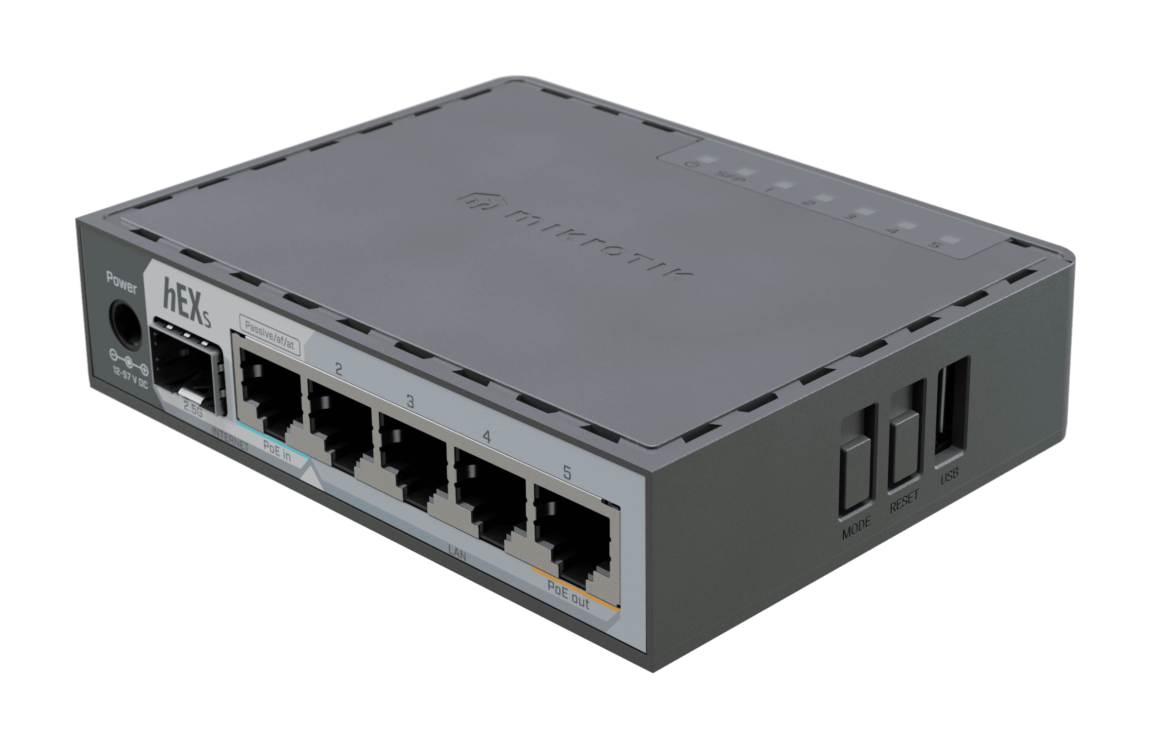 MikroTik hEX S (E60iUGS) Wired Router with 2.5Gbps SFP+, 5 Gigabit LAN Ports, USB 3.0, PoE In/Out, RouterOS Level 4, Compact Metal Case