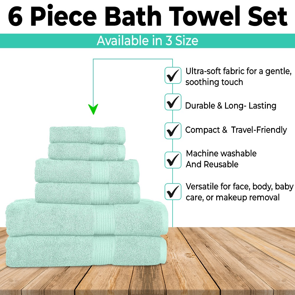 KAHAF COLLECTION 6 Piece Towel Set Aqua – 100% Ringspun Cotton Soft & Highly Absorbent – Includes 2 Bath Towels, 2 Hand Towels & 2 Washcloths – Quick Dry, Durable, and Luxurious Bathroom Essentials
