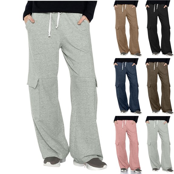 Hueook Trousers Pants for Women Comfy Pants Women's Solid Color Sports Loose Casual Wide Leg Leggings Khaki 2X