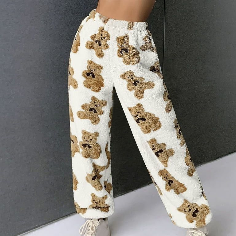 RYRJJ Women's Winter Warm Fleece Pajama Pants Plus Size Cute Bear Print  Baggy Sweatpants Fuzzy Jogger Lounge Pants Sleepwear with Pockets White S 